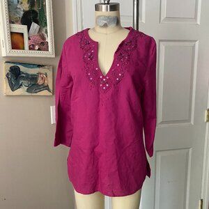 OLD NAVY Magenta LINEN Beaded Bohemian Hippie Lounge Tunic shirt *MEDIUM*